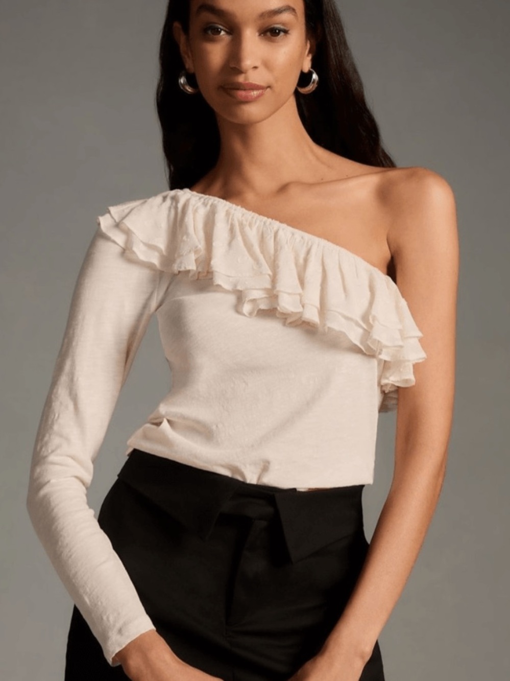 Anthropologie Cream Off-Shoulder Ruffle Long-Sleeve Top
